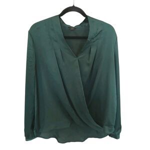 Ann Taylor Factory Long Sleeve Faux Wrap V-Neck Top Medium Green Pleated Satin